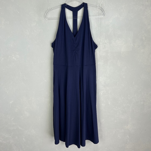 Pact size L midi dress halter sleeveless v-neck fit & flare navy organic cotton - Picture 1 of 11